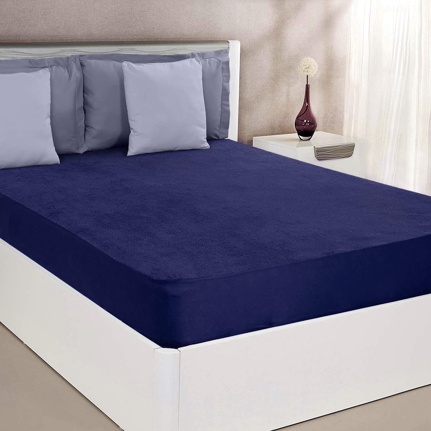 Mattress Protector, Durable, Elastic Fit, Washable (Queen; 78 x 60 x 10; Polyester; Navy Blue)